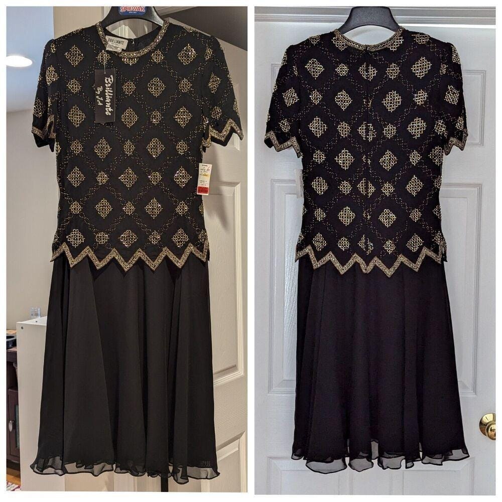 VTG Glam Art Deco Beaded Midi Dress Formal Party NWT Quiet Luxury MOB Size Small